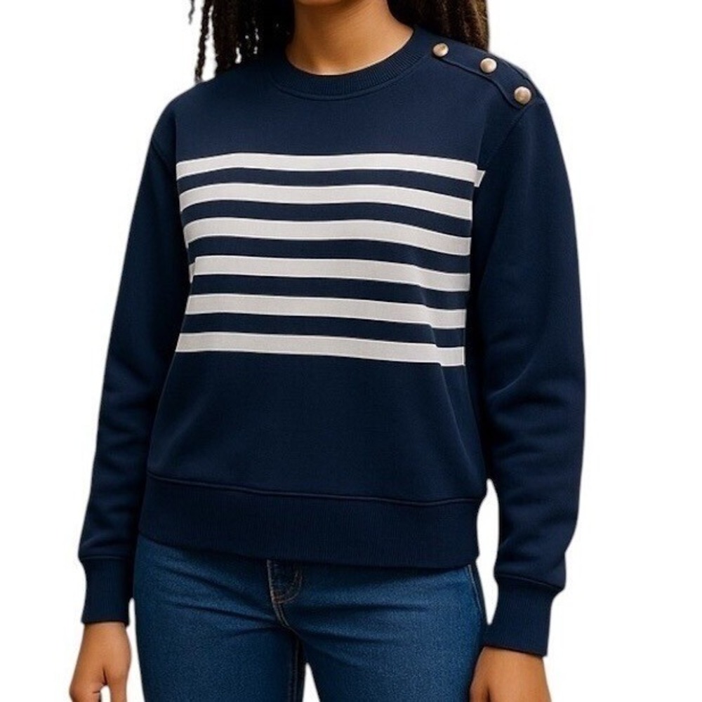 J. Crew Women's Striped Button-Shoulder Crewneck Pullover Sz L Blue Long Sleeve
